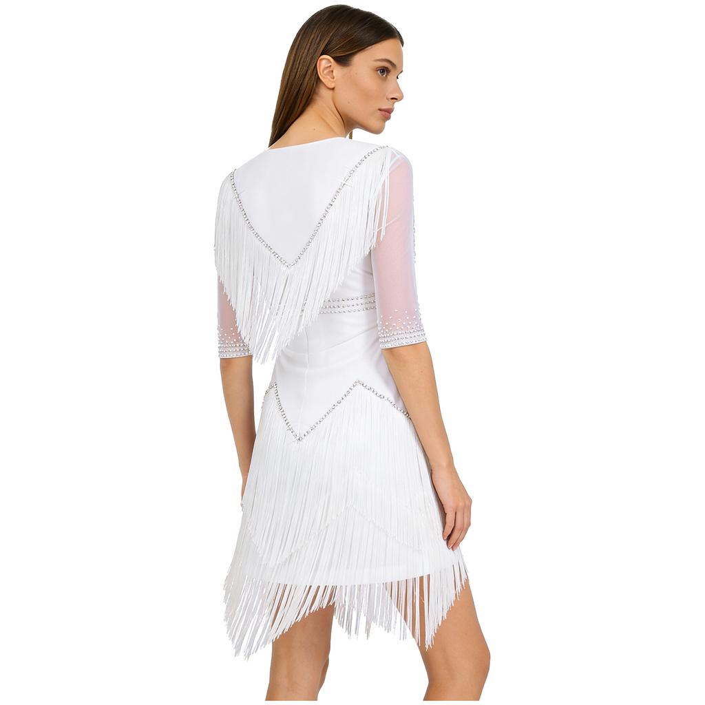 Ladies Glittery Sequin Dance Dress V Neck Half Sleeve Tiered Tassel Design Rhinestone Details Latin Cha Cha Tango Salsa Costume