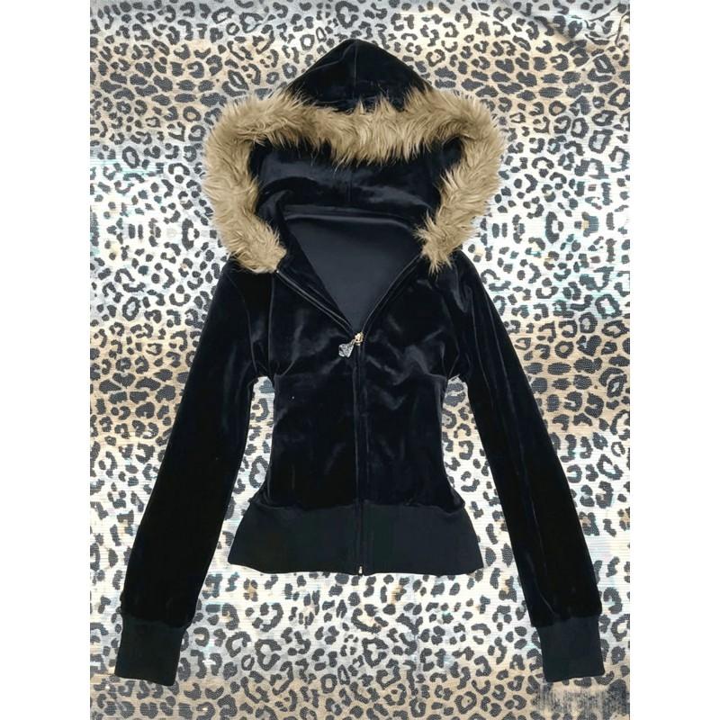 Y2K Retro Chic Hooded Crop Sweatshirt Women With Faux Fur Trim Zipper Front Slim Fit Long Sleeve