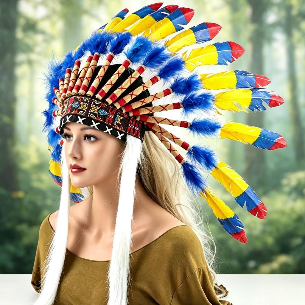 Indian Headdress Artificial Feather Chief Hat Photo Prop Role Play Dress Costume Accessories Fancy