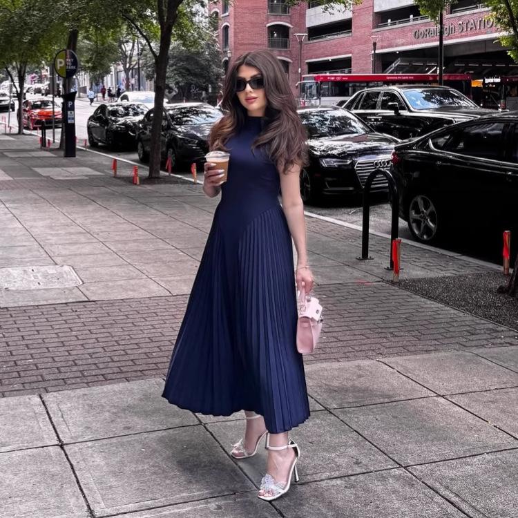European and American Women's Clothing Summer New Fashion Temperament Slim and Thin Pleated Design Big Pendulum Dress