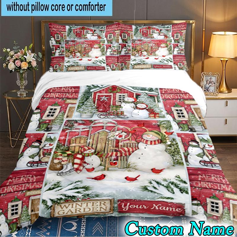 Custom Name 3PCS Santa Snowman Friendship Bedding Set,Including Duvet Cover And 2pcs Pillowcases Perfect for Bedroom,Dormitory,Fan Christmas Gift