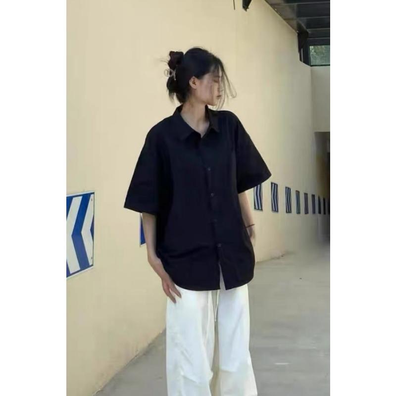 Damen Weiß Kurzarm Knopfleiste Hemd Locker Lässig Bluse Top