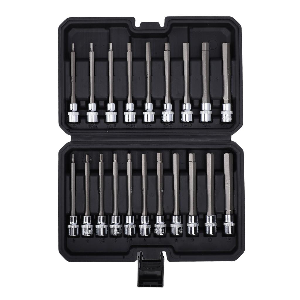 20 Piece 3 8 Inch Drive Extra Long Hex Bit Socket Set Metric 3 12mm SAE 1 8 7 16 Inch Hex Socket Set for Machinery