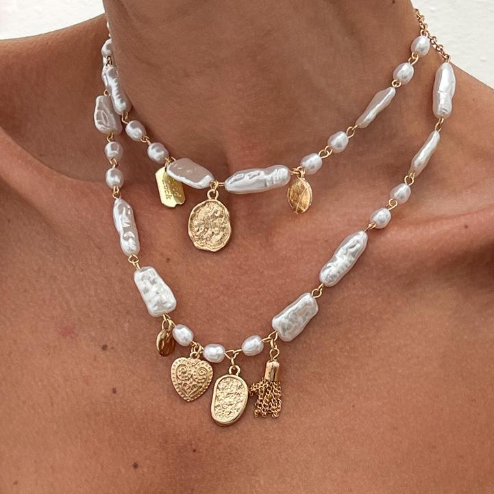 Alien Pearl Cross Chain Necklace Stacked Love Heart Metal Pendant Necklace For Women