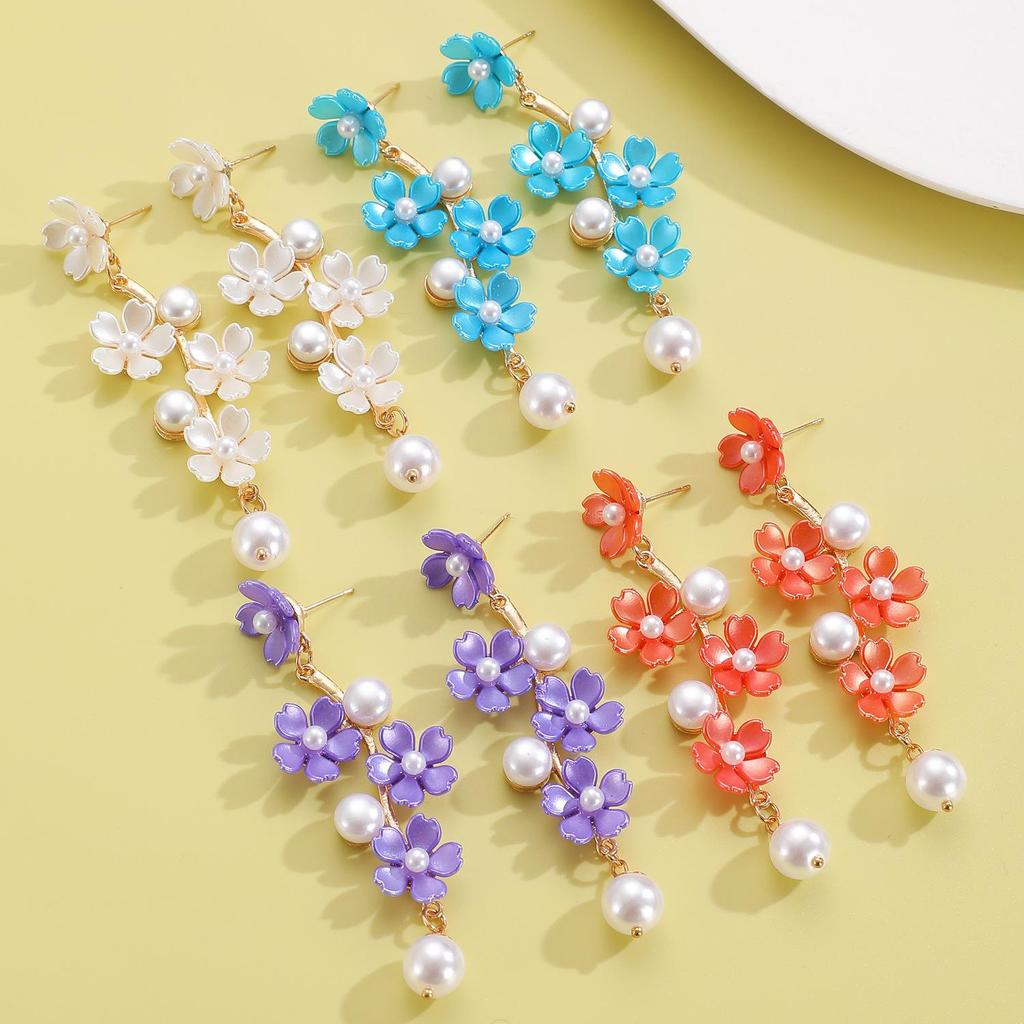 Romance Bohème Mode Fée Princesse Style Perle d'Imitation Longue Perle Fleur Pendentif Élégantes Boucles d'Oreilles Pour Femmes