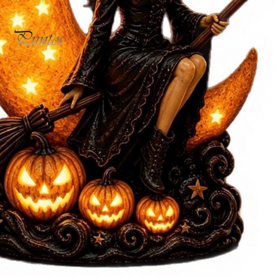 Handcrafted Resin Ornament Halloween Witch Lamp, Gothic Crescent Moon LED Night Light, Tabletop Statue Spooky Decorative Table Lamp for Bedroom