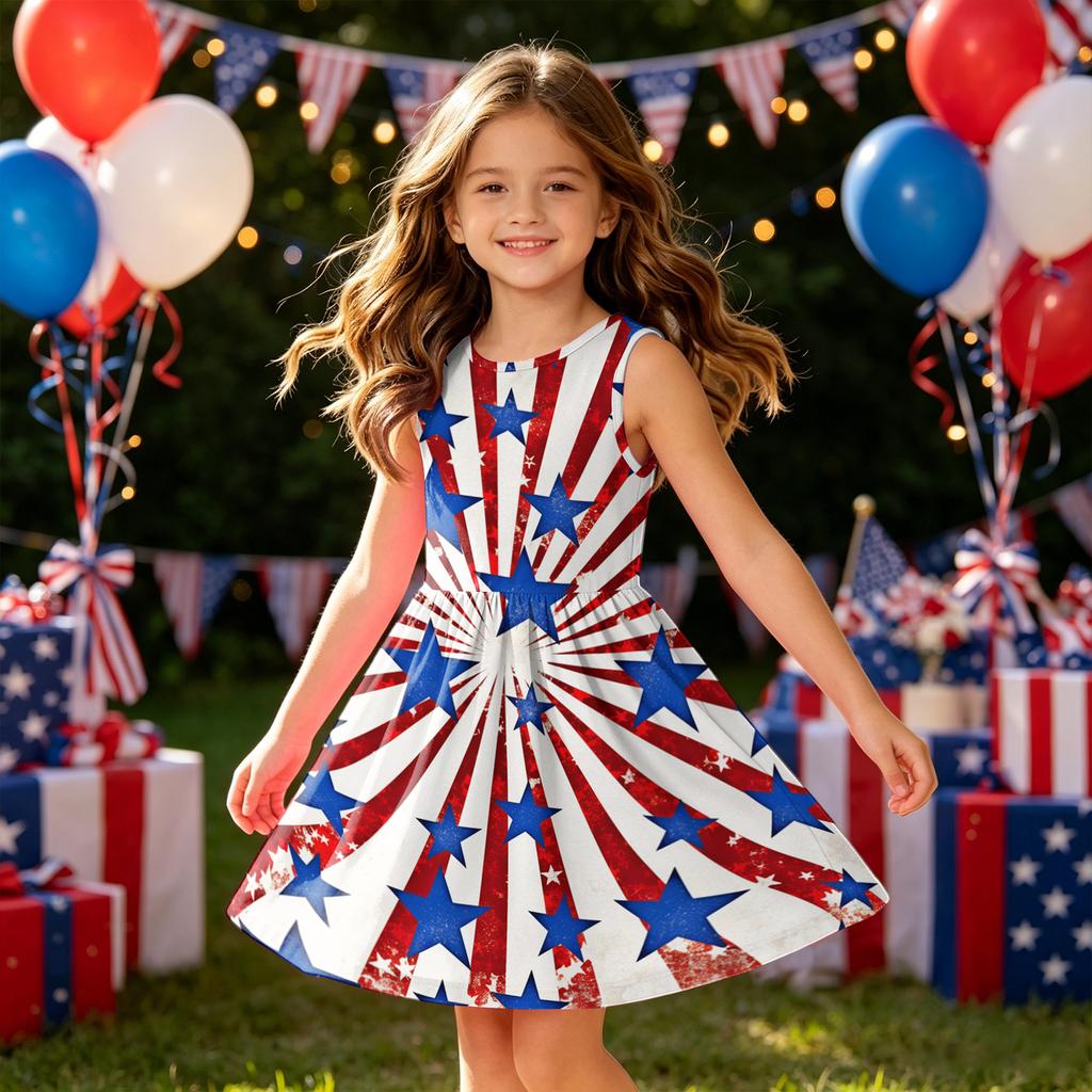 Vestido Sem Mangas para Meninas com Estampa de Estrelas e Estampa Abstrata Gola Redonda Casual Corte em Linha A Adequado para Uso Diário