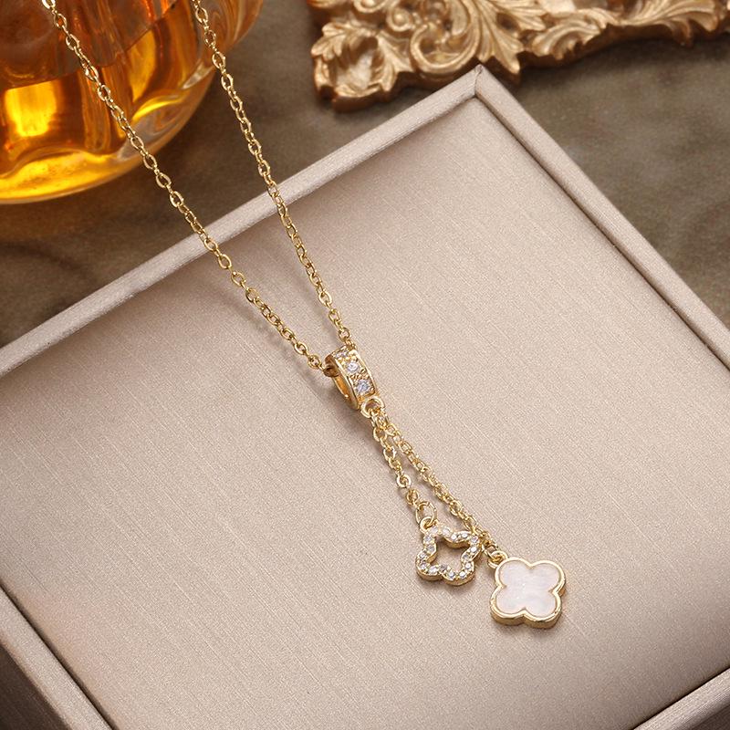 Korean Light Luxury Tassel Mother-of-Pearl Clover Pendant Diamond Necklace for Women - Versatile High-End Clavicle Jewelry