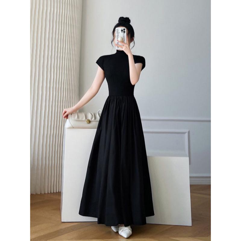 French Hepburn Style Black Slim Waist Long Summer Dress for Women
