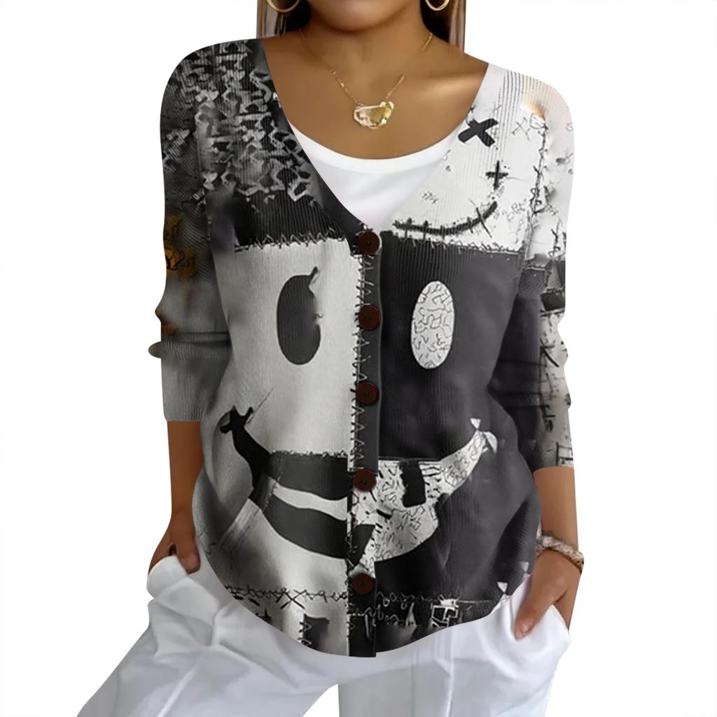 Women's Fashion Casual Knit Sweater Button-Up Halloween Printed  Cardigan Jacket