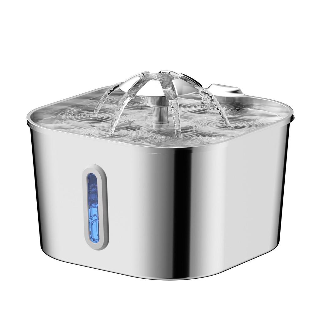 Fuente de Agua para Mascotas de Acero Inoxidable de 2.2L con Boquilla de Flor, Apta para Lavavajillas y Funcionamiento Silencioso.