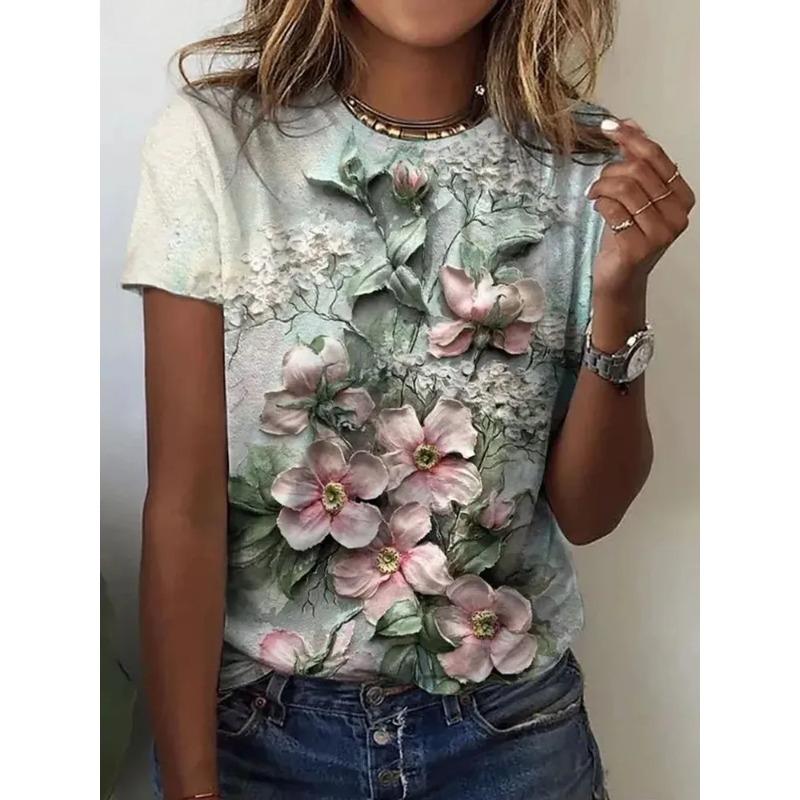 Summer Short Sleeved Loose Casual Women's T-shirt Beautiful Flower Pattern Fashionable Daily Comfortable T-shirt