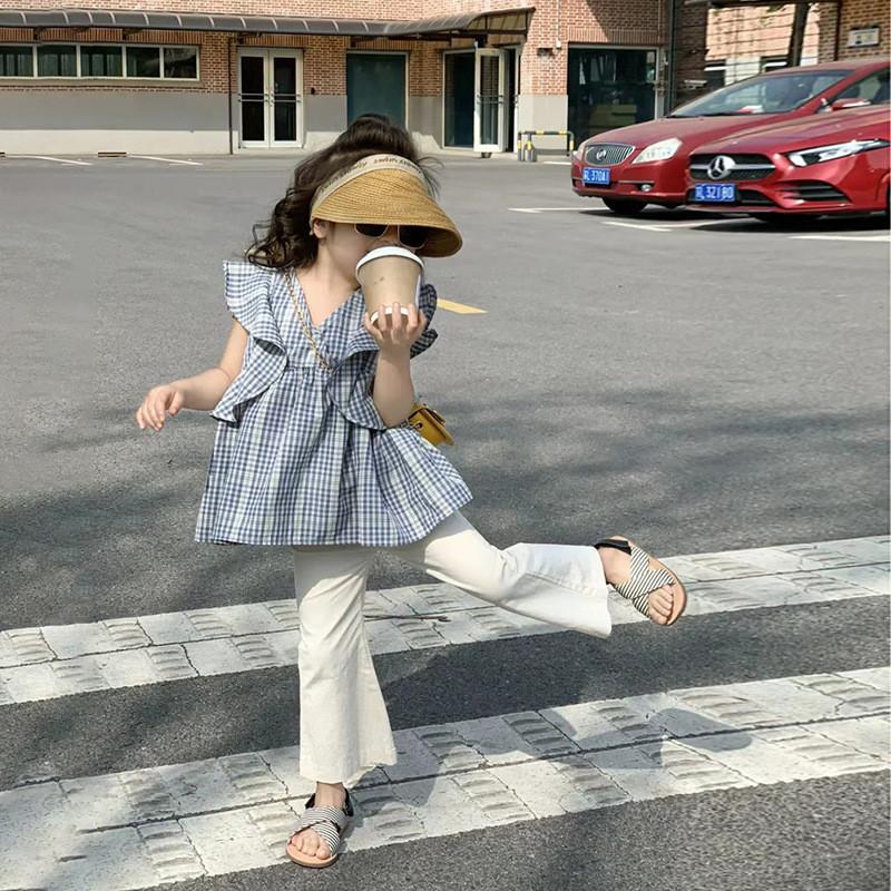 Adorable Korean Style Girls Cotton Summer Outfit With Fresh Flare Sleeve Top Flare Pants,90cm