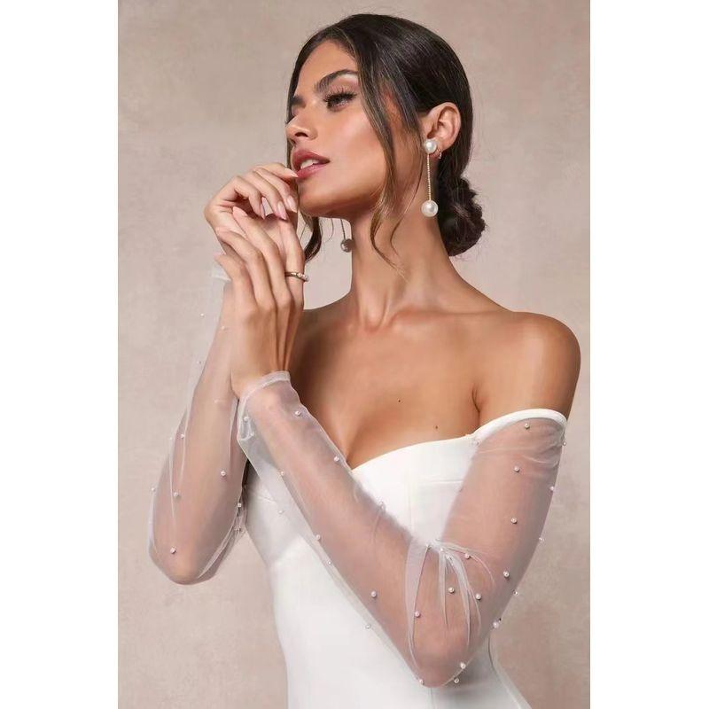 

Foreign Trade Order Lu s French style Pearl off-Neck Light Luxury High-Grade Niche Design Retro Temperament Mesh Guest dresses White XL