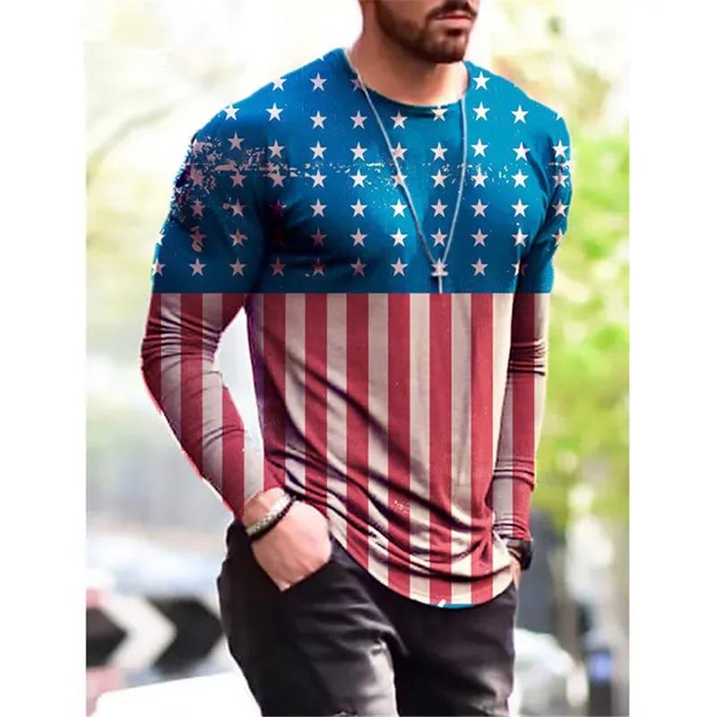 Herren Langarm-T-Shirt mit amerikanischem Flaggen-Print, Stilvolles Lässiges Tägliches Outfit