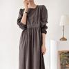 New Arrivals Open Run Women Square Neck Shirring Puff Sleeve Fall Long Dress