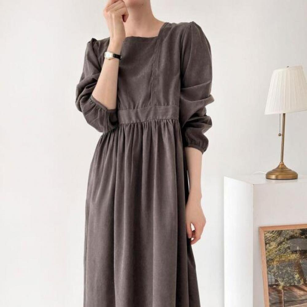 New Arrivals Open Run Women Square Neck Shirring Puff Sleeve Fall Long Dress