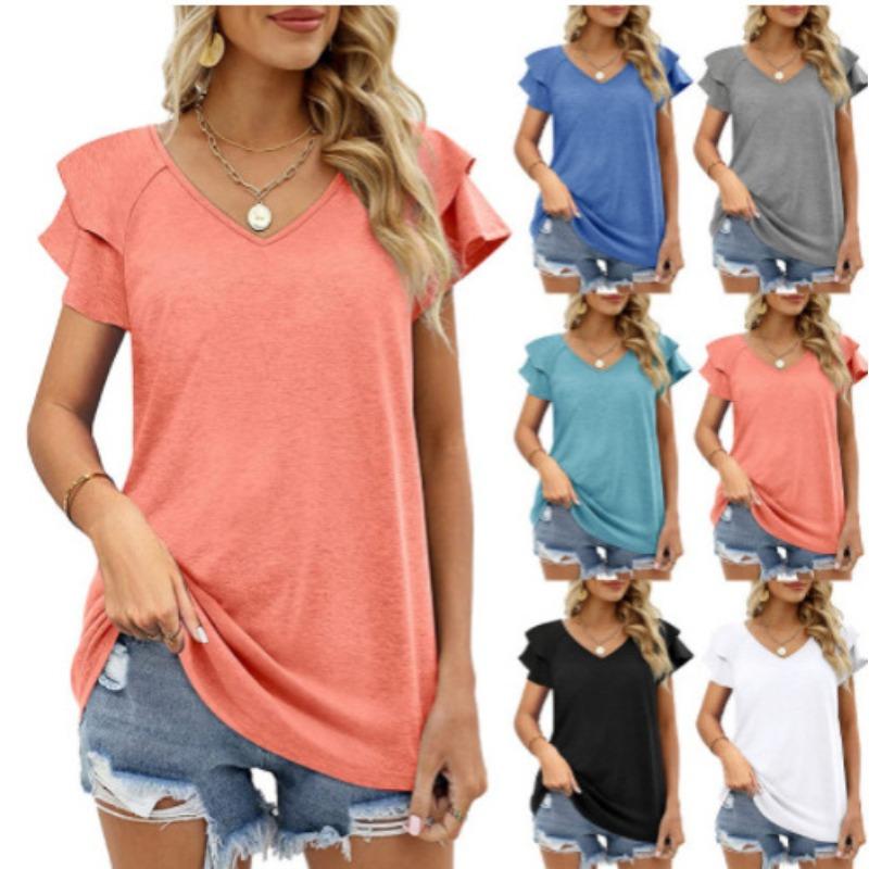 Women's Top V-neck Double Layered Lotus Leaf Short Sleeved Women's T-shirt