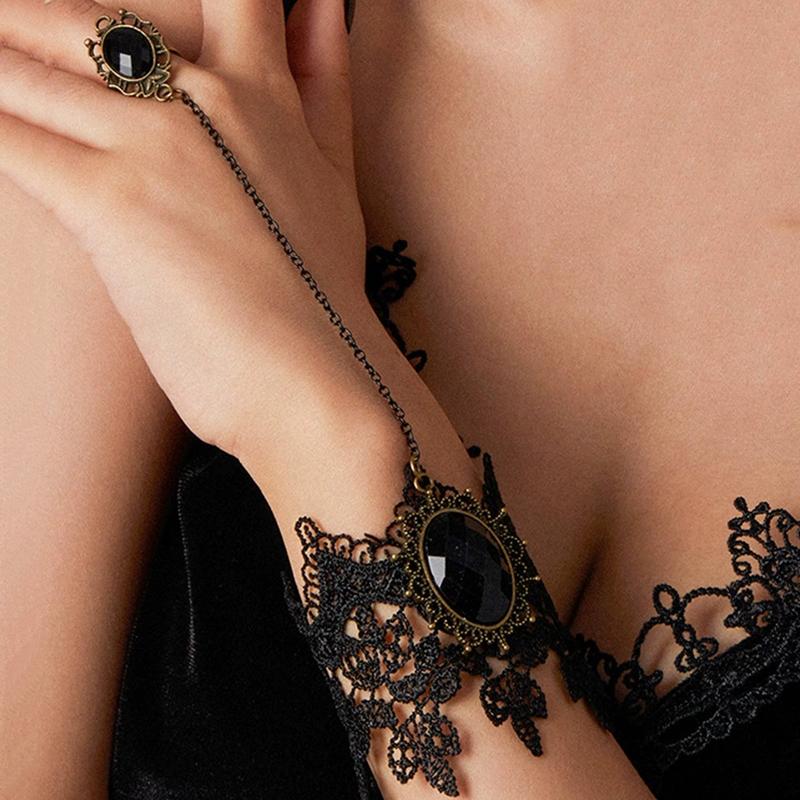 Gothic Punk Black Lace Jewelry Set Women s Oval Stone Hollow Flower Sexy Lace Necklace Bracelet Rings Loli Style Girls Jewelry