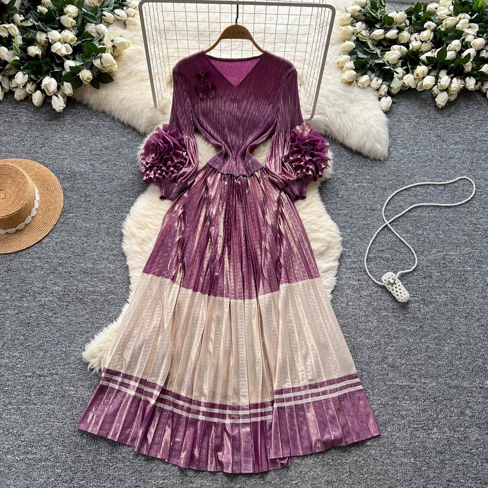 Wiosna Jesień Kobiety Luksus Plus Size Plisy Miyake Kwiat 3D Oversize Luźna Długa Sukienka Maxi Party Plisowana