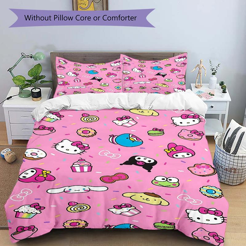 3pcs Hello Kitty and Friends Quilt Cover Set - Soft & Comfortable Polyester Fabric, All-Season Breathable Comforter Set For 1 Quilt Cover & 2 Pil