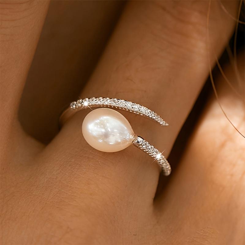 

1pc Faux Pearl Geometric Oval Ring, Synthetic Zirconia Adjustable Open Design - Elegant Anniversary Birthday Gift for Women 2