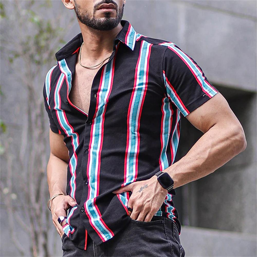 Fashion Men's Striped Print Shirts Button Short Sleeve Lapel Streetwear Summer Basic Blouse Classic Shirts for Men