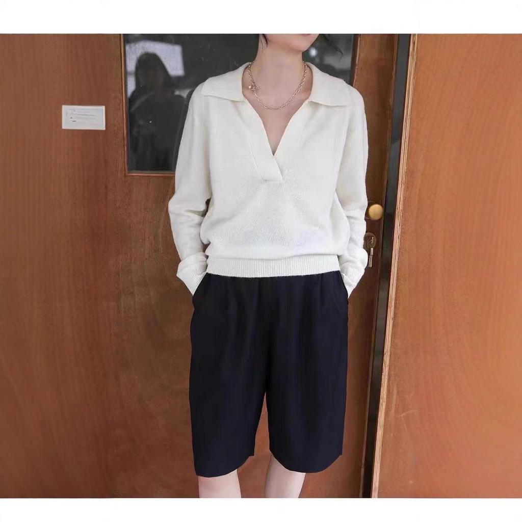 Women's 100% Wool Polo Neck Sweater - Short, Versatile, Solid Color, Long Sleeve Knit Pullover for Autumn/Winter.