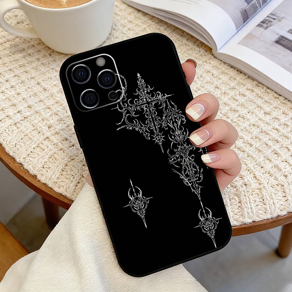 Gothic T-Cyber Sigil Cross Phone Case For iPhone 17, 16,15,14,13,12,11 Plus,Pro Max, Others Soft Black Cover