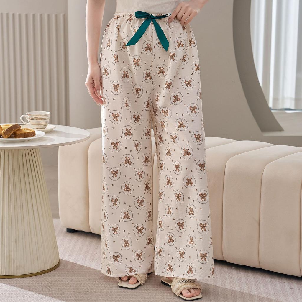 Cotton Silk Family Spring and Autumn Women's Cotton Silk Pajama Pants Wide-leg Pants Thin Artificial Cotton Can Be Worn Outside Casual Home Pants