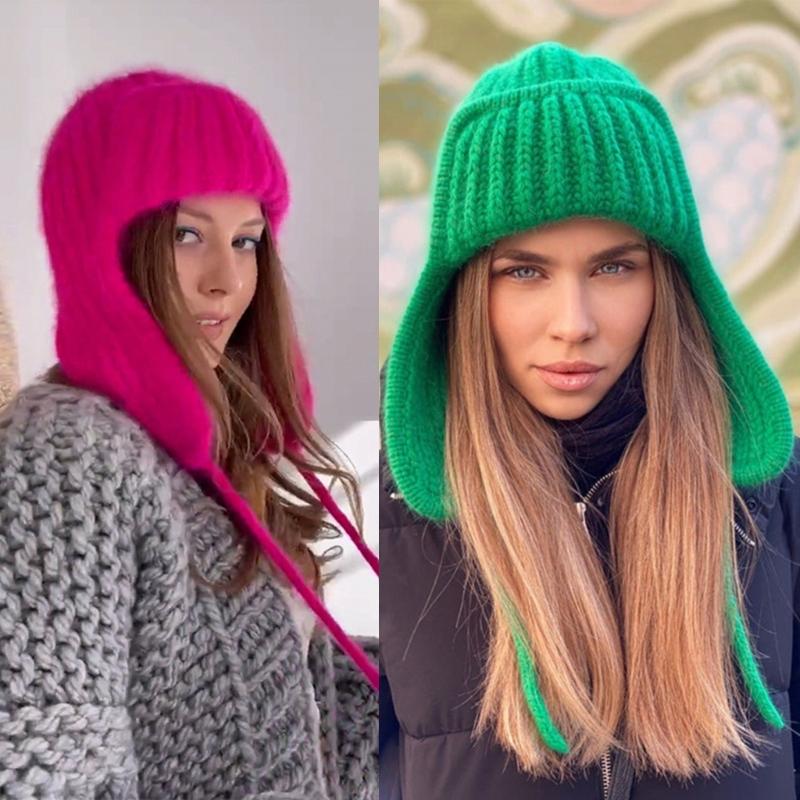 Knitted Trapper Hat Russian Bomber Hat Knit Earflap Beanie For Women Ear Protection Hat Winter Warm Bucket Hat