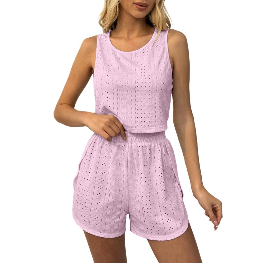 Women's Summer Fashion Sleeveless Vest Top Elastic Waist Shorts Casual Sports Two-piece Set