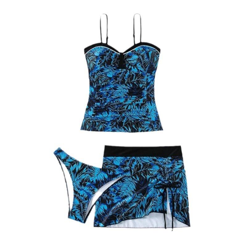 Costume da bagno da donna a tre pezzi con stampa a foglie Top con spalline sottili Slip Gonna con coulisse