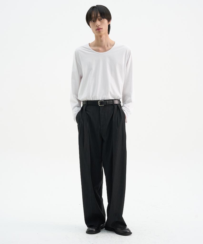 TRIP LE SENS Custom Pintuck Curved Wide Slacks_Stripe Black