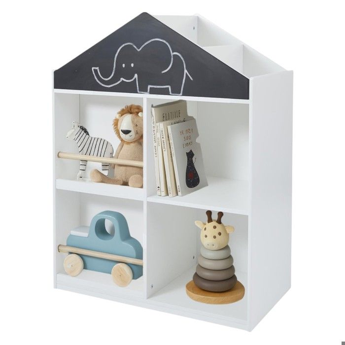 GINGER HOME Children's Shelf – Montessori House-Shaped Storage Unit, with Blackboard, 6 Compartments, White, 95.8 Cm
