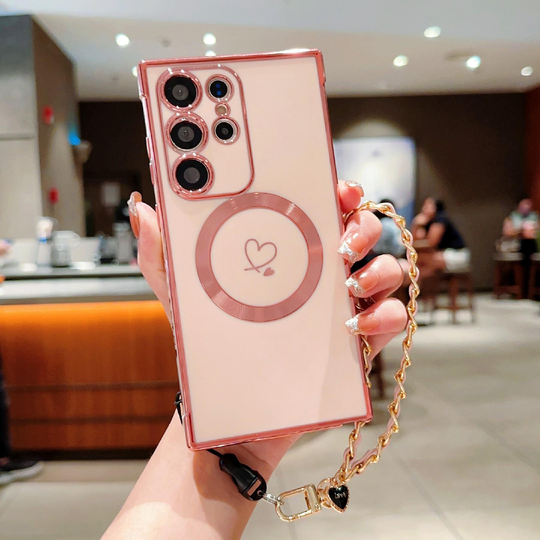 

For Samsung Galaxy S25 Ultra Case Compatible with MagSafe Electroplated Love Hearts TPU Phone Cover with Chain Strap Rose Pink