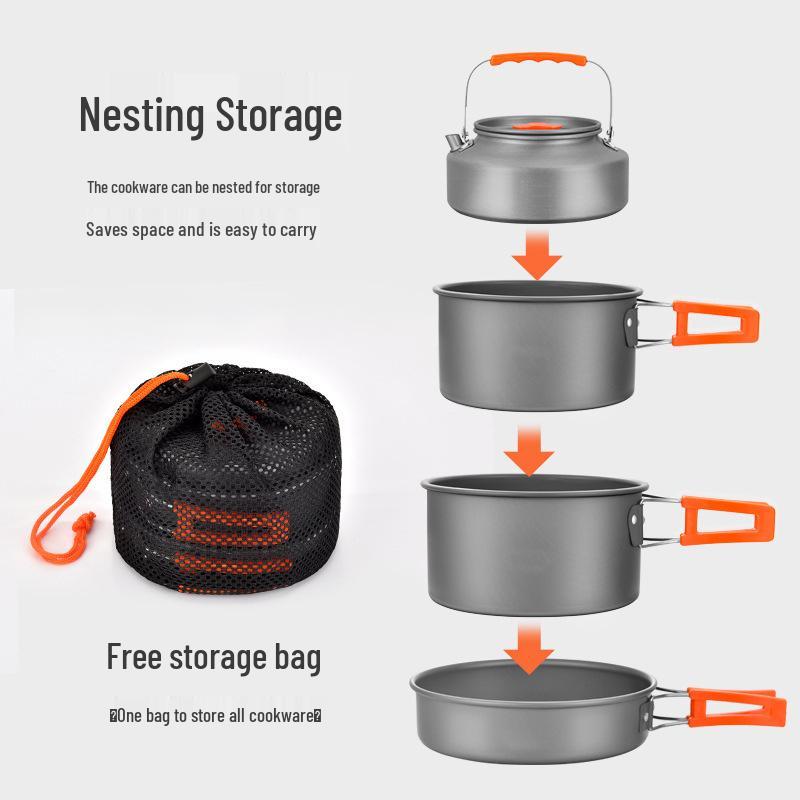 Portable Outdoor Camping Cookware Set: Folding Aluminum Alloy Pots & Kettle