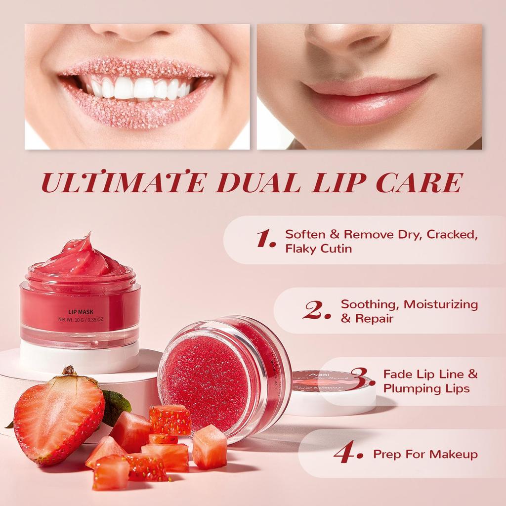 ANAiRUi Strawberry & Vitamin C Lip Scrub & Lip Mask Set, Overnight Hydrating Lip Treatment Kit 30g