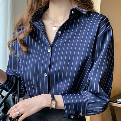 Camicetta a maniche lunghe alla moda con colletto rovesciato e camicia a righe da ufficio, top da donna J278