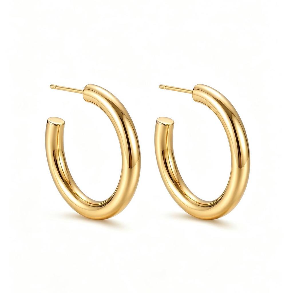 Earrings: 925 Sterling Silver with Gold Plating, Simple Smooth Large Hoops, Plain Studs, Light Luxury, High-End Feel