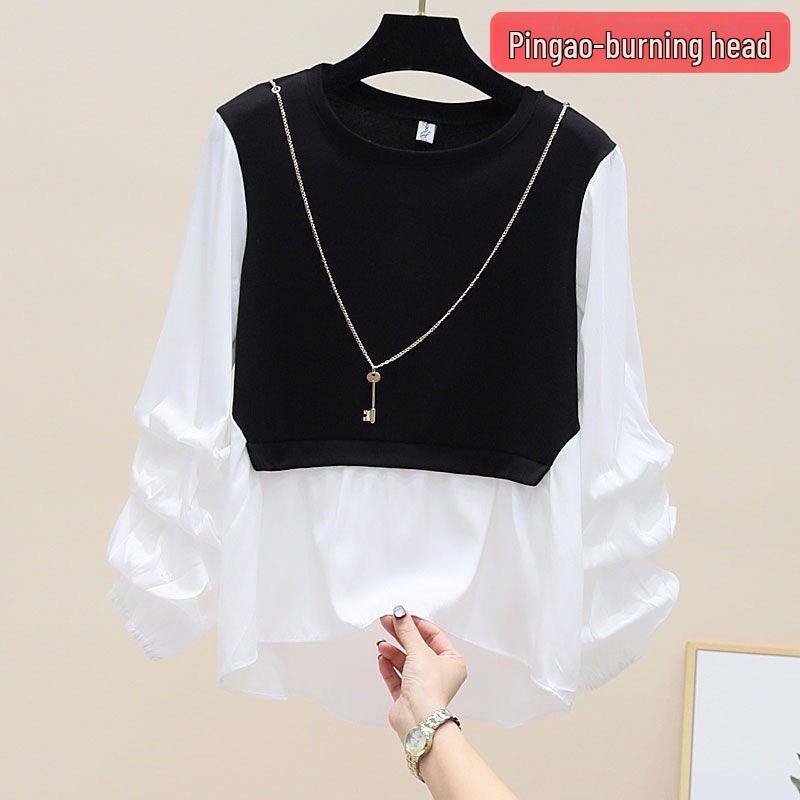 2024 Spring/Autumn Korean Style Patchwork Contrast Slim Long Sleeve Round Neck Two-Piece Shirt