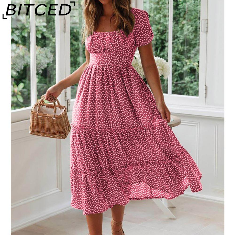 BITCED Summer Love Polka Dot Dress Women Casual A-Line Short Sleeve Square Collar Ruffle Midi Dress Chiffon Red Black Blue Green