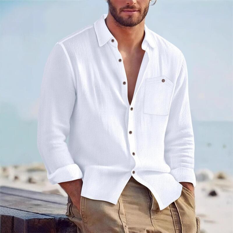 Spring Autumn Men's Cotton Hemp Long Sleeve Shirt Loose Casual with Pocket Collar Shirts