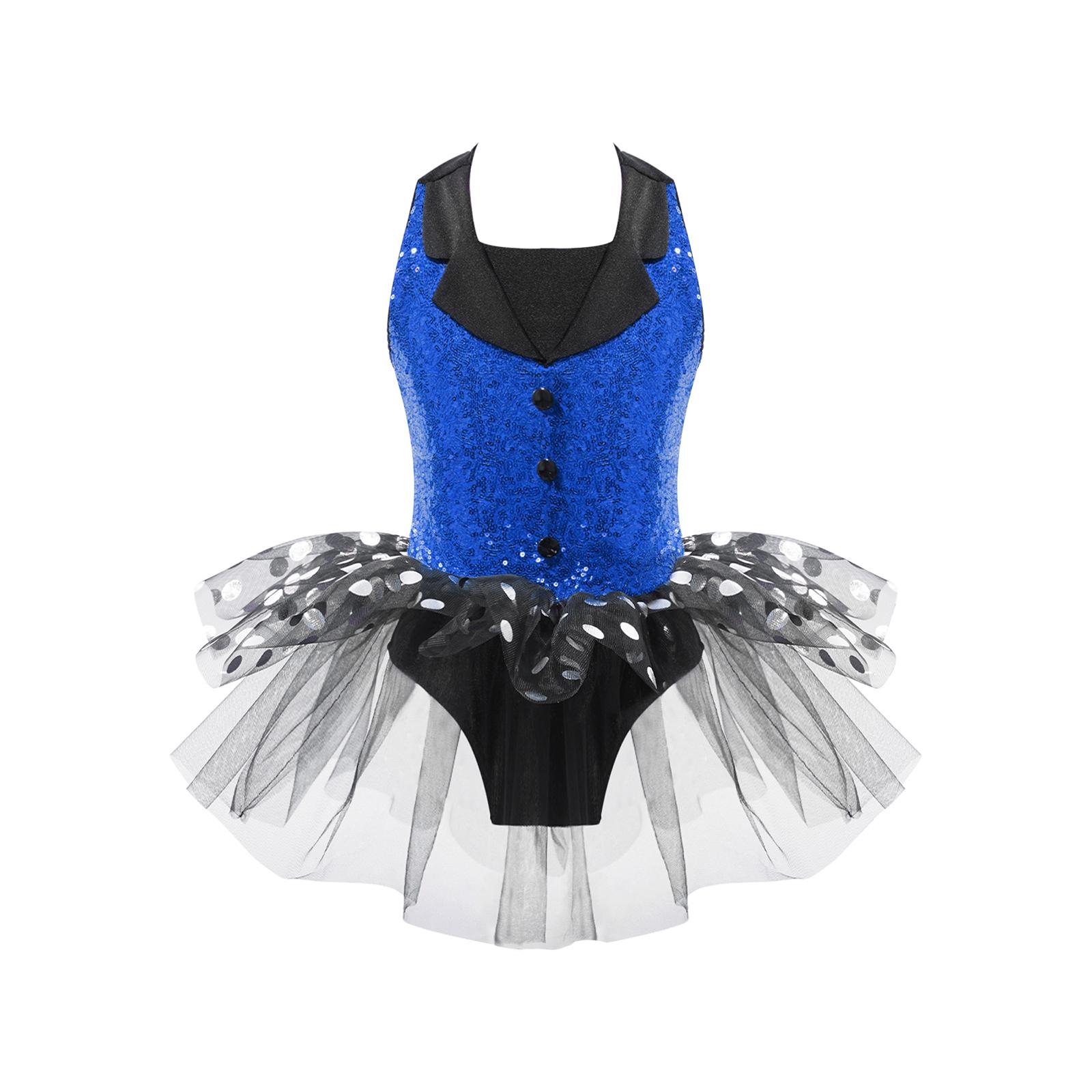 

Kids Girls Sparkly Tutu Dress Sleeveless Turndown Collar Polka Dot Print Sequins Hollow Back Design 15-16 Years синій