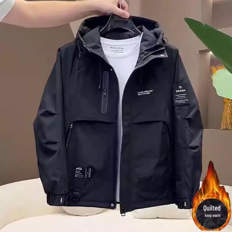 Herren Winddichte Kapuzenjacke aus Baumwolle - Frühling/Herbst 2025 Neuer Stil, Gefüttert, Verdickt, Trendmarke Winter Arbeitskleidung