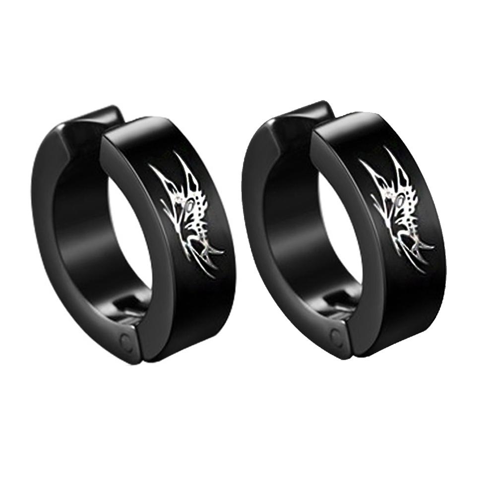 2pieces Punk Titanium Steel Ear Clip Earrings For Men Women Print Pattern Black No Pierced Fake Ear Circle New Pop Jewelry
