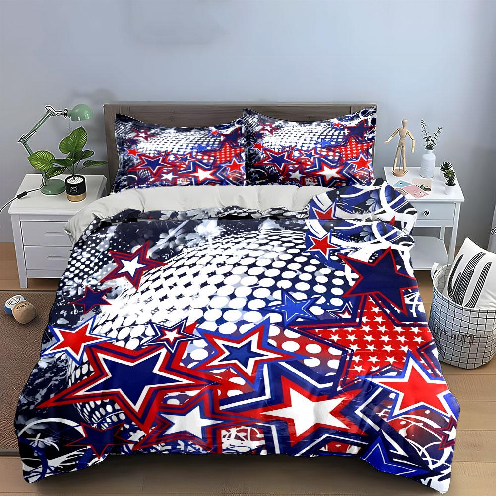 "Patriotic Star Pattern Decor Set" Bedding Set with 1 Duvet Cover 2 Pillowcases Single Double King Queen, Gift