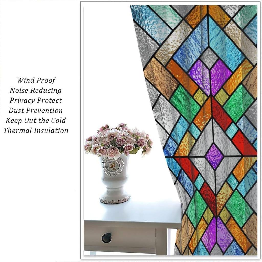 Stained Glass Curtains, Retro Colorful Style Art Printed Window Drapes for Bedroom Living Room Kitchen Decor Fabric 2 Panels