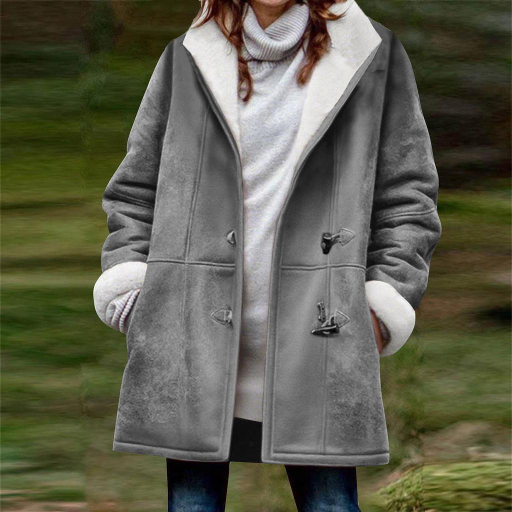 Women  Lined Jacket Plus Size Horn Button Down Lapel Winter Warm Coats With Pocket Fuzzy Casual Soft Overcoat