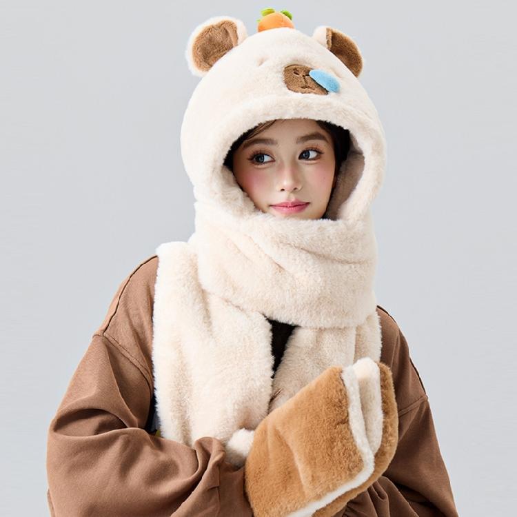 Furry Capybara Hat for Cycling and Running Sport Thicken Capybara Gloves Thick